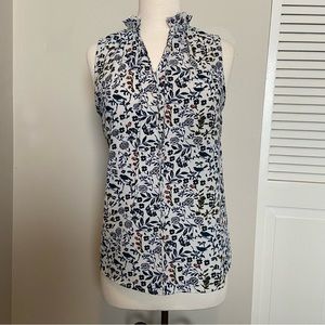 c&e Sleeveless Blouse Ruffled Collar Floral & Birds Medium M Regency